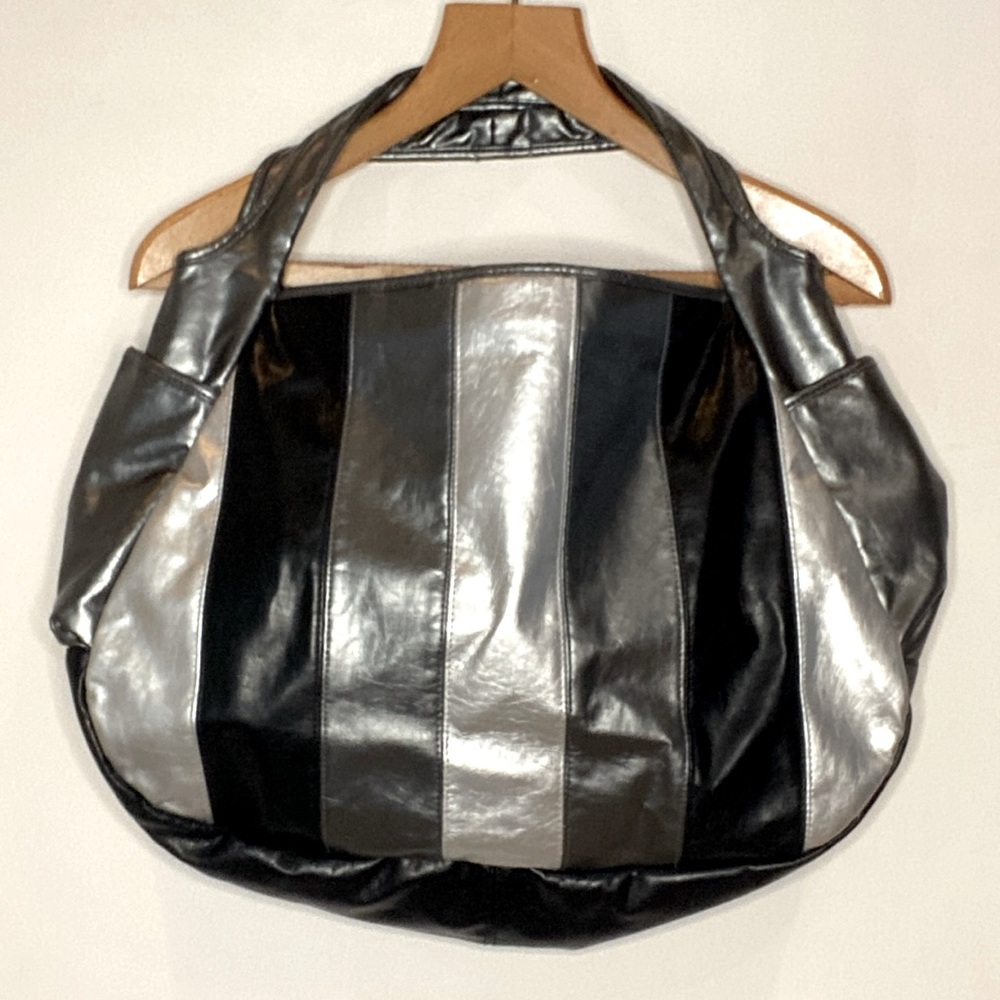 Shiny Hobo faux leather silver Tote, striped bag, Silver, grey, Black, Shiny!